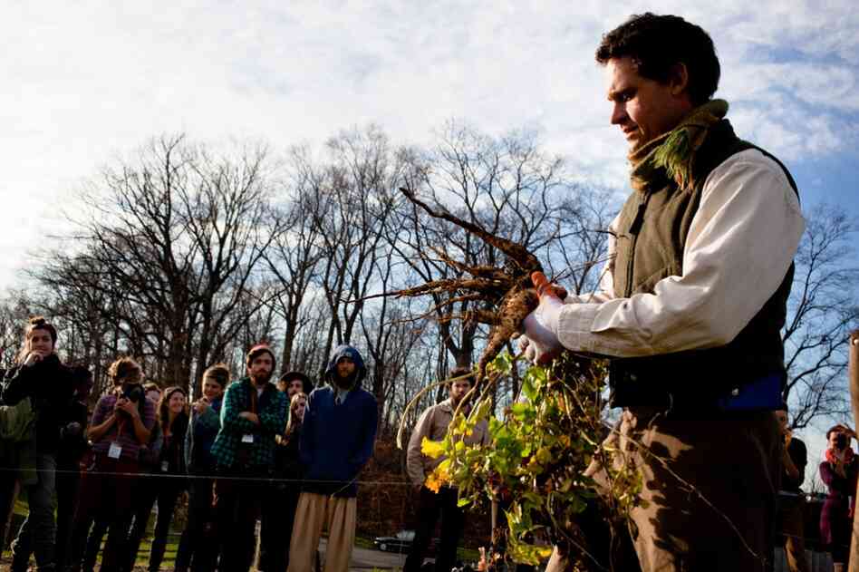 Jack Algiere demonstrates how to harvest parsnips.  He's the farm manager at Stone Barns Center for Food and Agriculture, which hosted the conference.