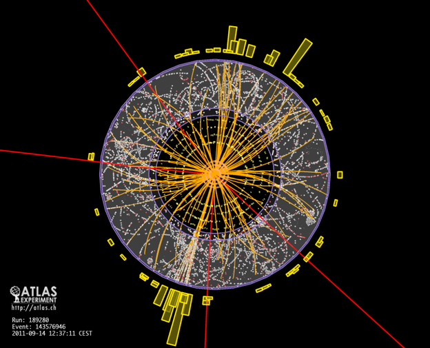 This image, from a sensor at the particle accelerator at CERN, is an example of the data signature a Higgs particle might generate. Researchers will spend 2012 sifting through data in an attempt to find the Higgs.