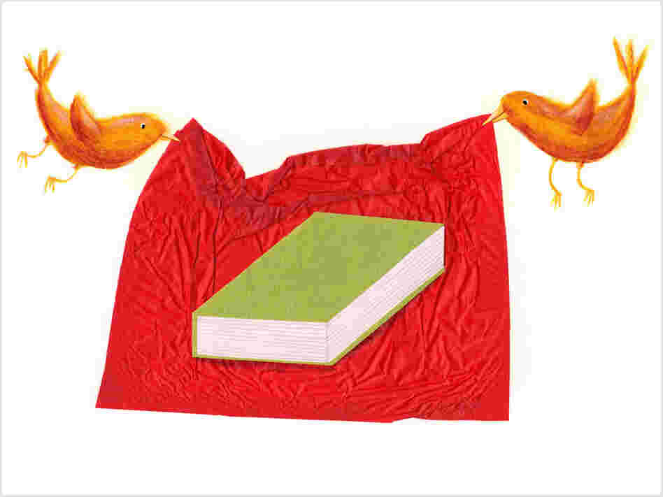 Illustration: Birds wrap a book in red paper. Illustration: Birds wrap a book in red paper.