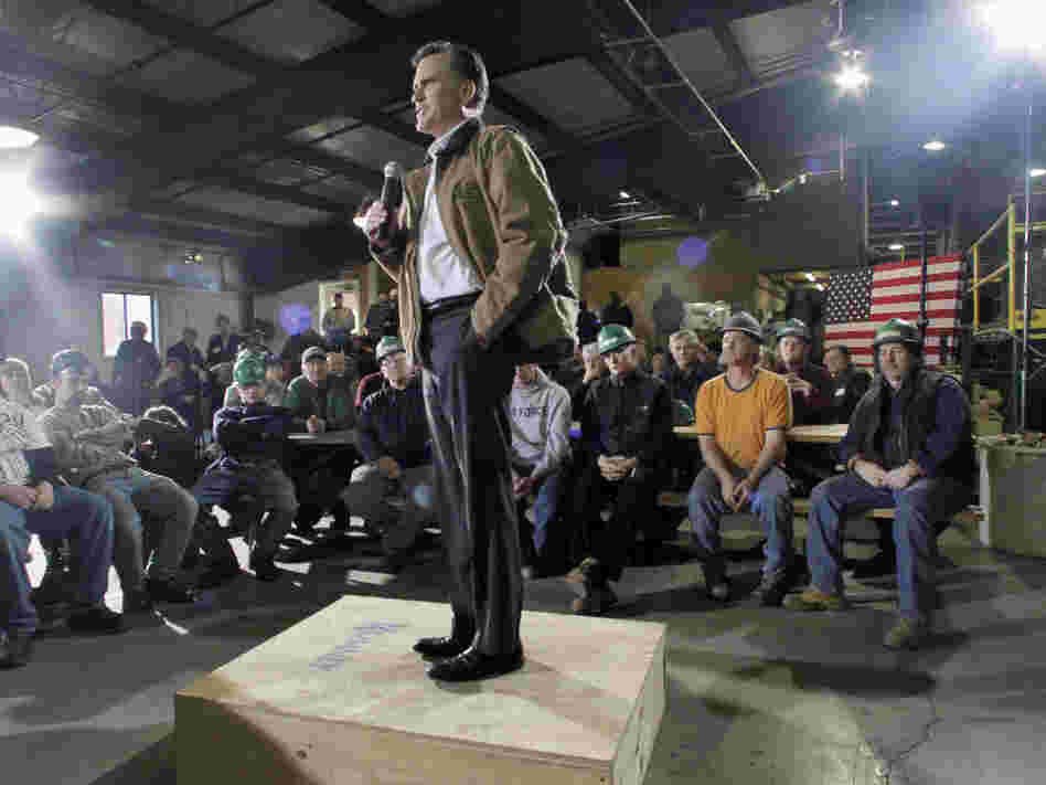 Republican presidential candidate Mitt Romney speaks at a campaign stop with millworkers at the Madison Lumber Mill on Monday in Madison, N.H. 