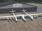 A computer-generated image provided by Stratolaunch shows the planned carrier aircraft, with a rocket attached on its centerline and six jet engines suspended beneath its wings. A computer-generated image provided by Stratolaunch shows the planned carrier aircraft, with a rocket attached on its centerline and six jet engines suspended beneath its wings.