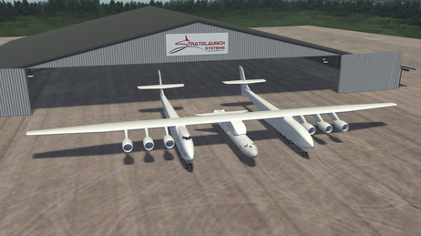 A computer-generated image provided by Stratolaunch shows the planned carrier aircraft, with a rocket attached on its centerline and six jet engines suspended beneath its wings.