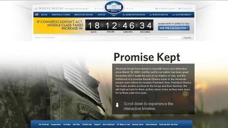 "Promise Kept," it says on the landing page of the Iraq War interactive timeline posted by the White House today. "Promise Kept," it says on the landing page of the Iraq War interactive timeline posted by the White House today.