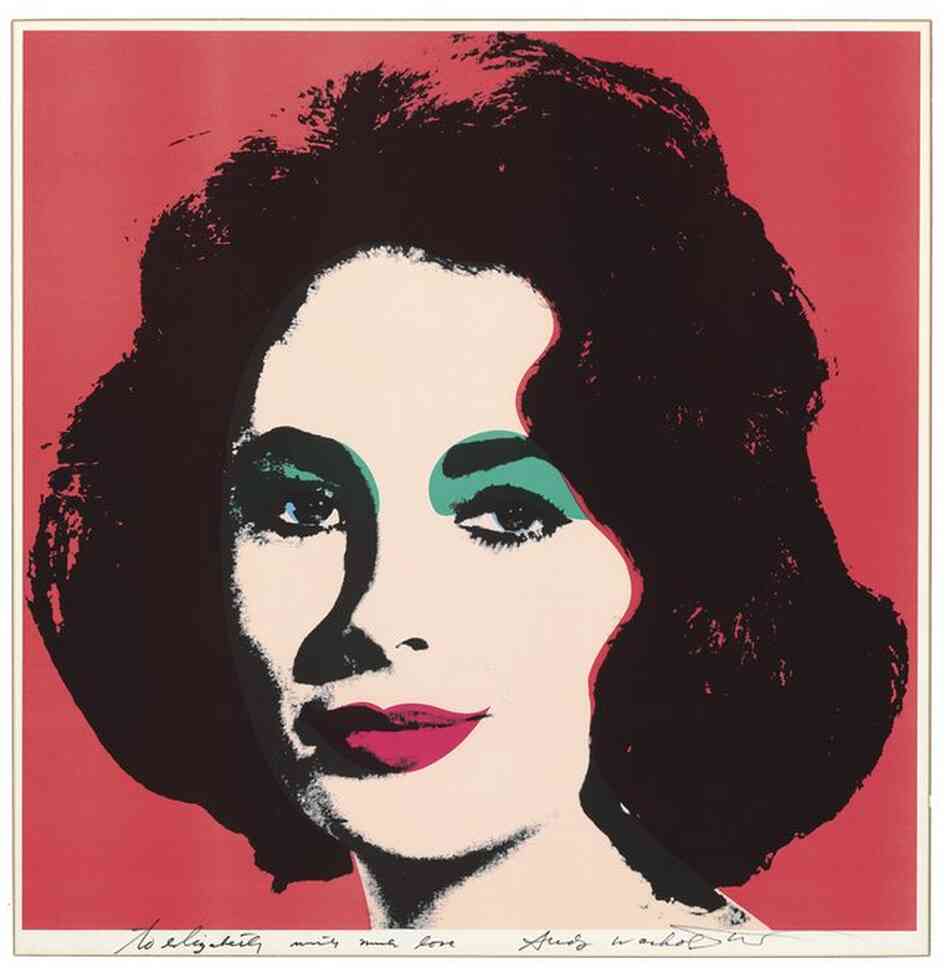 This 1964 Andy Warhol lithograph entitled "Liz" is signed by the artist. It reads, "To Elizabeth with much love" in felt-tip pen. 