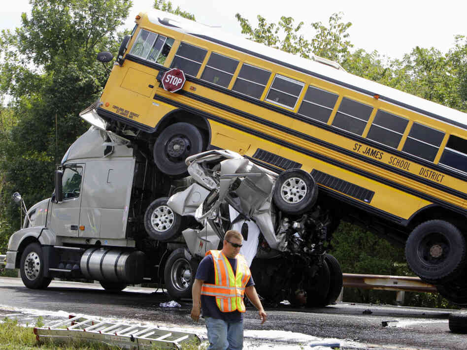 The NTSB call to action was spurred by a deadly pileup in Missouri in August in which a 19-year-old pickup truck driver was texting when he rear-ended a semi-trailer, which careened into a school bus that subsequently hit another school bus. The pickup driver and a 15-year-old student were killed; 38 others were injured. The NTSB call to action was spurred by a deadly pileup in Missouri in August in which a 19-year-old pickup truck driver was texting when he rear-ended a semi-trailer, which careened into a school bus that subsequently hit another school bus. The pickup driver and a 15-year-old student were killed; 38 others were injured.