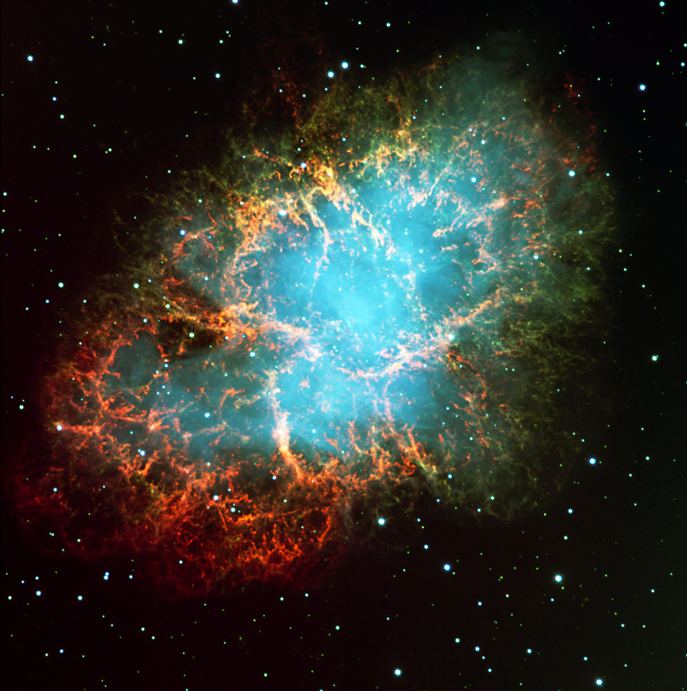 The Crab Nebula — 6,000 light-years away — is the remnant of a supernova explosion. It was observed by man almost 1,000 years ago, in the year 1054.