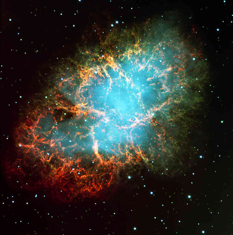 The Crab Nebula — 6,000 light-years away — is the remnant of a supernova explosion. It was observed by man almost 1,000 years ago, in the year 1054.