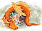 Illustration: A dragon protects her books.