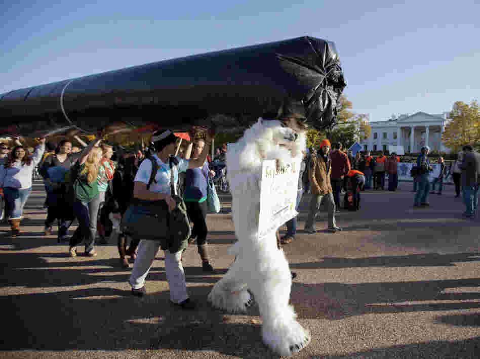 Demonstrators march with a replica of a pipeline during a protest to demand a stop to the Keystone XL tar sands oil pipeline outside the White House last November. 