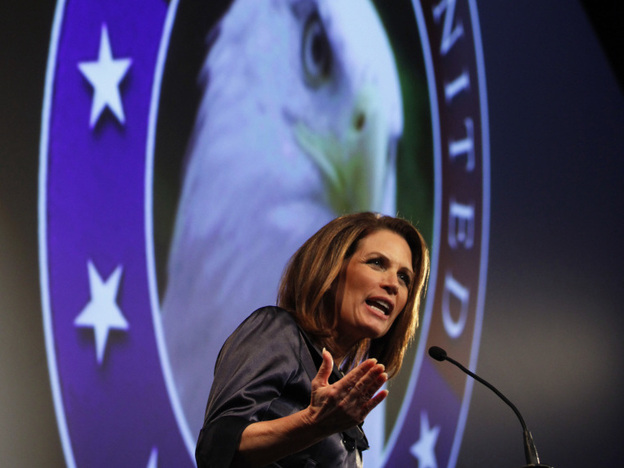 Republican presidential candidate Michele Bachmann speaks at The Gift of Life movie premiere in Des Moines on Wednesday night. 