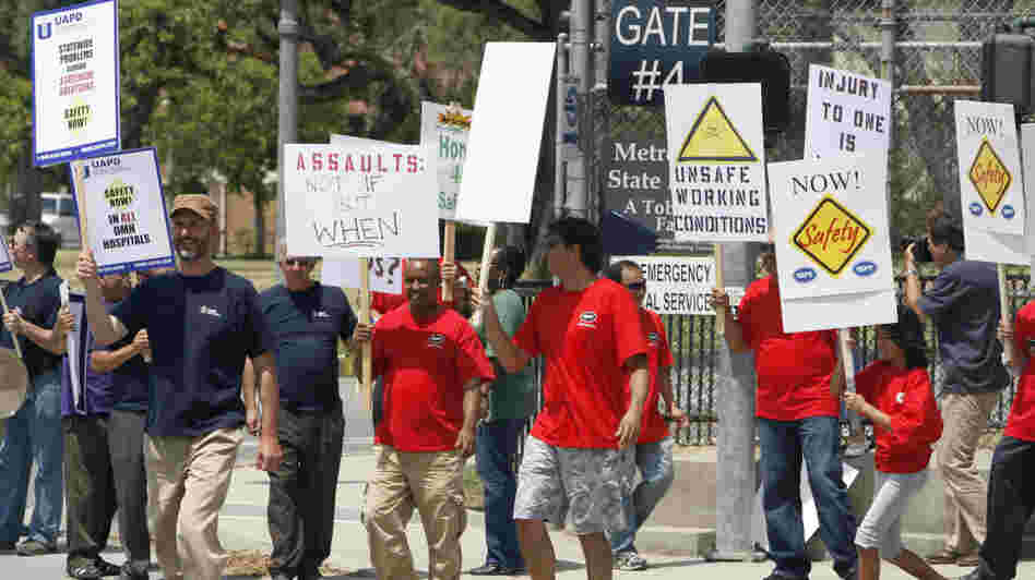 Metropolitan State Hospital employees and supporters gathered outside the hospital in Norwalk, Calif., this summer to protest repeated assaults at the hands of mental patients, and what they called dangerous working conditions. Metropolitan State Hospital employees and supporters gathered outside the hospital in Norwalk, Calif., this summer to protest repeated assaults at the hands of mental patients, and what they called dangerous working conditions.