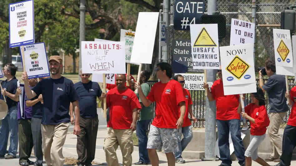 Metropolitan State Hospital employees and supporters gathered outside the hospital in Norwalk, Calif., this summer to protest repeated assaults at the hands of mental patients, and what they called dangerous working conditions. Metropolitan State Hospital employees and supporters gathered outside the hospital in Norwalk, Calif., this summer to protest repeated assaults at the hands of mental patients, and what they called dangerous working conditions.