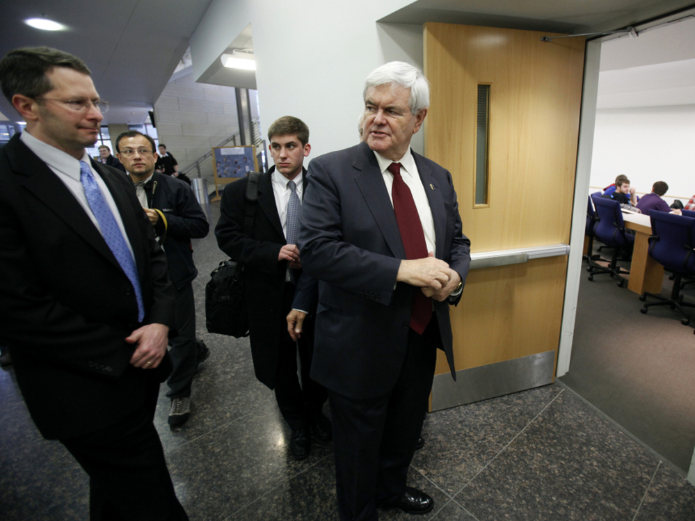 Newt Gingrich at the University of Iowa College of Public Health in Iowa City, Dec. 14, 2011.