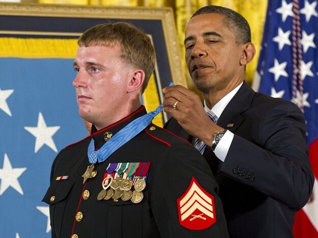 President Obama presents the Medal of Honor to Marine Corps Sgt. Dakota Meyer.