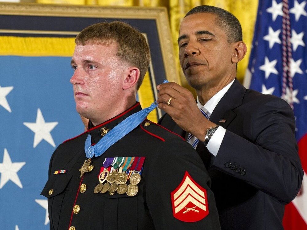 President Obama presents the Medal of Honor to Marine Corps Sgt. Dakota Meyer.