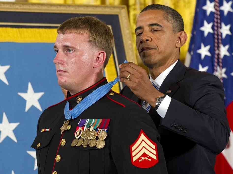 President Obama presents the Medal of Honor to Marine Corps Sgt. Dakota Meyer.
