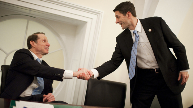 Oregon Sen. Ron Wyden, a Democrat, (left) and House Budget Committee Chairman Paul Ryan, a Wisconsin Republican, present their plan for changing Medicare at the U.S. Capitol Thursday.