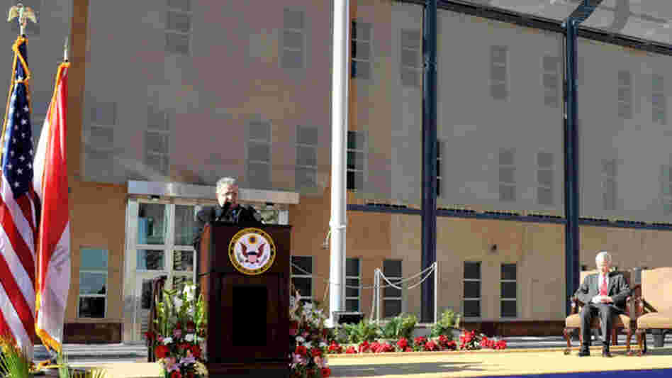 Iraqi President Jalal Talabani speaks at the opening of the huge U.S. Embassy in Baghdad on Jan. 5, 2009. It is the largest U.S. Embassy in the world. 