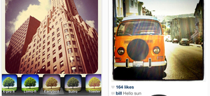 Two iPhone screengrabs shows Instagram's filter mode, left, and a shared photo on the app, right.