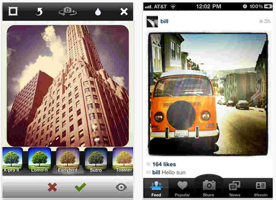 Two iPhone screengrabs shows Instagram's filter mode, left, and a shared photo on the app, right.