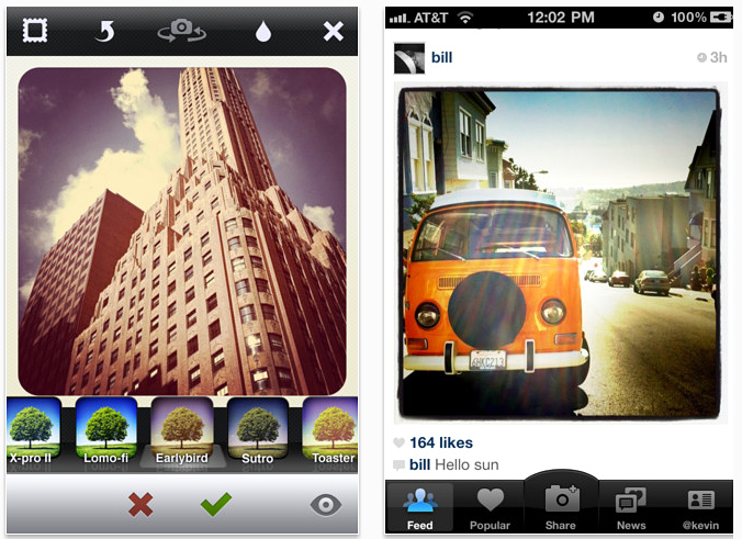 Two iPhone screengrabs shows Instagram's filter mode, left, and a shared photo on the app, right.