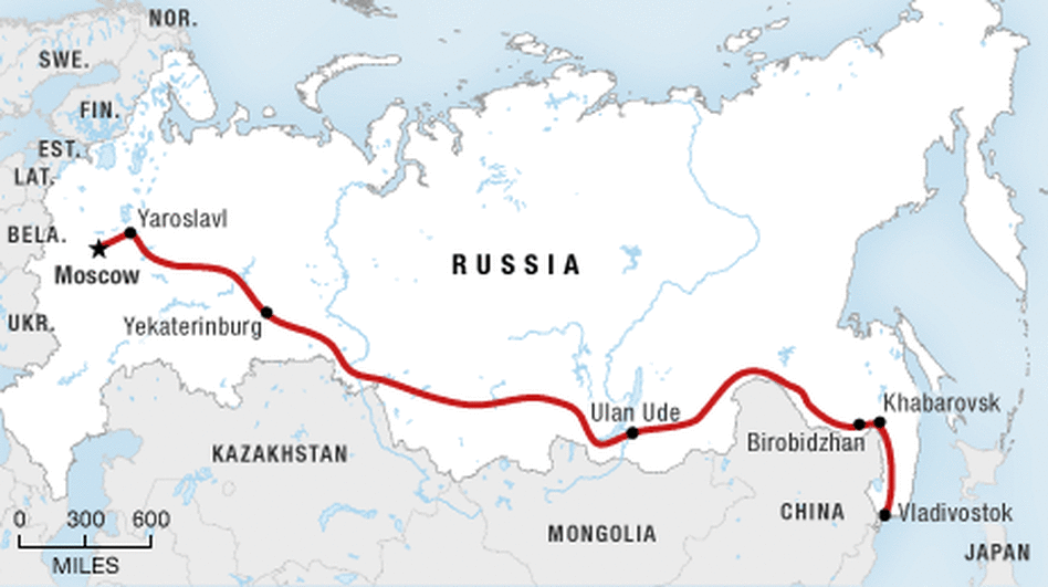 The route of the Trans-Siberian railway from Moscow to Vladivostok.