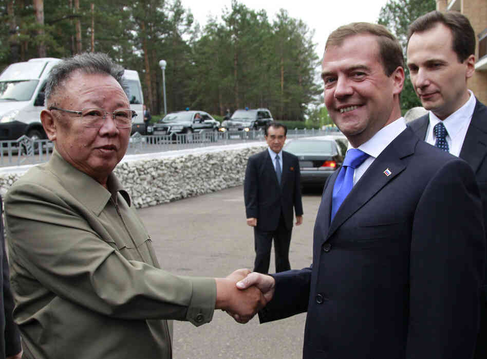 Aug. 24, 2011: Russian President Dmitry Medvedev (right) welcomes North Korea's leader Kim Jong Il during their meeting in Siberia. 