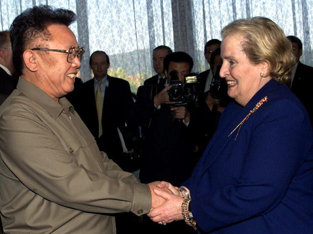 Kim Jong Il shakes hands with former U.S. Secretary of State Madeleine Albright at the Pae Kha Hawon Guest House in Pyongyang, North Korea, in 2000.