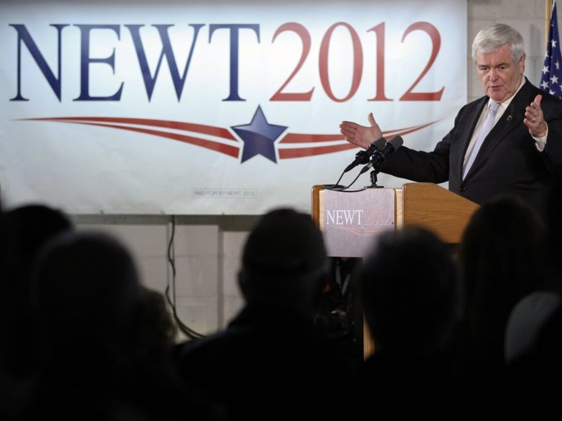 Newt Gingrich speaks Monday at Global Security Services in Davenport, Iowa. Despite falling poll numbers, Gingrich says he will avoid negative campaigning.