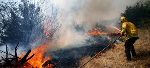 Volunteer fire fighter Joe Crawford fights a wildfire in Graford, Texas, in September, when wildfires swept through parts of Texas and Oklahoma.