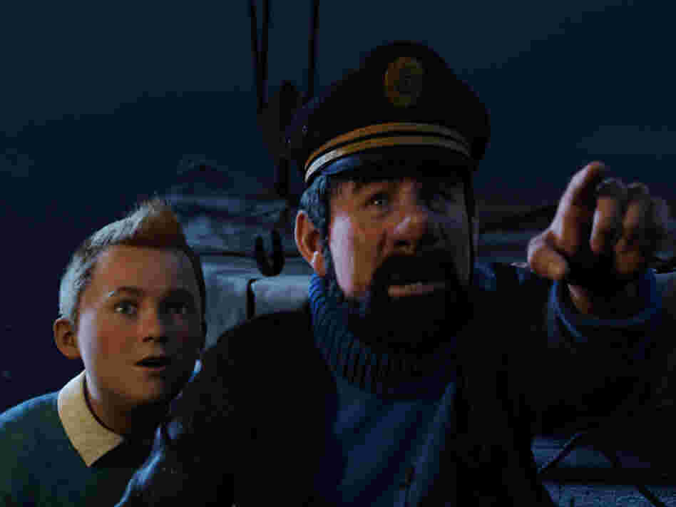 The young journalist Tintin (Jamie Bell, left) and the permanently drunk Captain Haddock (Andy Serkis) go on a global treasure chase in The Adventures of Tintin: Secret of the Unicorn.  