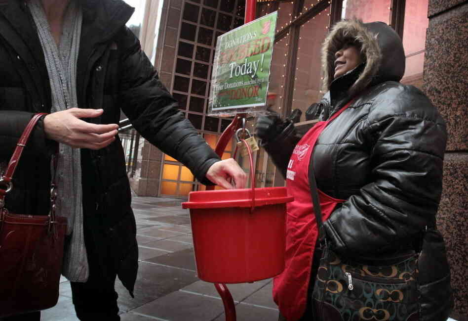 Antionette Levi solicits donations for the Salvation Army in Chicago. 