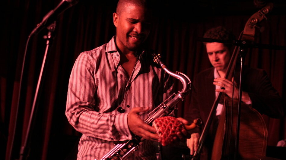 David Sanchez works a shekere during his performance.