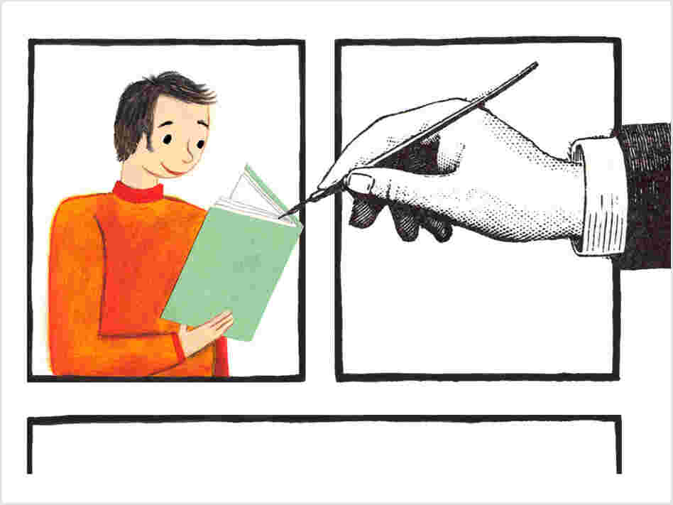 Illustration: a hand drawing a man reading a book. Illustration: a hand drawing a man reading a book.