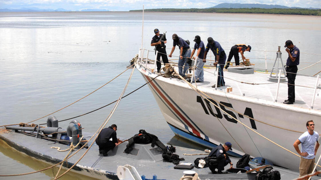 Costa Rican and U.S. Guard Coast members seized this  semi-submersible which was carrying seven tons of cocaine. It is shown here at Costa Rica's Puntarenas Coast Guard headquarters on Sept. 17, 2008. Four Colombians were arrested.