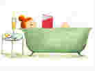 Illustration: A woman reads a book in the bathtub.