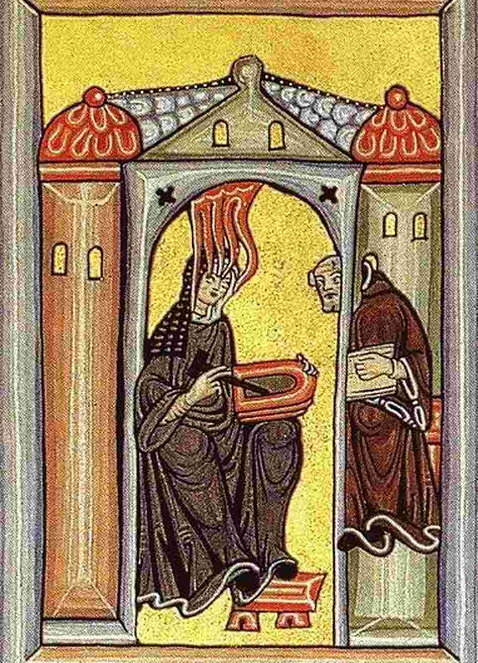 An image of the Holy Spirit-inspired Hildegard and her scribe from the Rupertsberg Codex des Liber Scivias, c. 1180. An image of the Holy Spirit-inspired Hildegard and her scribe from the Rupertsberg Codex des Liber Scivias, c. 1180.