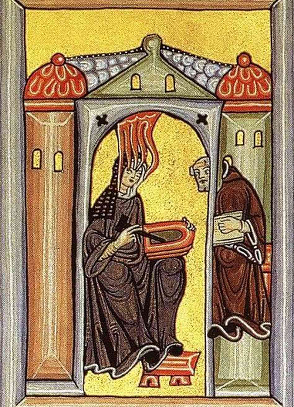 An image of the Holy Spirit-inspired Hildegard and her scribe from the Rupertsberg Codex des Liber Scivias, c. 1180. An image of the Holy Spirit-inspired Hildegard and her scribe from the Rupertsberg Codex des Liber Scivias, c. 1180.