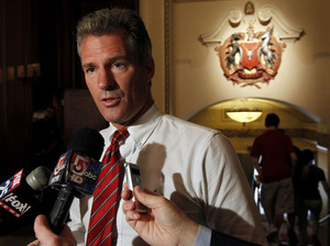Sen. Scott Brown addresses reporters at a Boston hotel in August. Brown won the seat in a 2010 special election in large part by contrasting himself with the Kennedy dynasty. Sen. Scott Brown addresses reporters at a Boston hotel in August. Brown won the seat in a 2010 special election in large part by contrasting himself with the Kennedy dynasty.