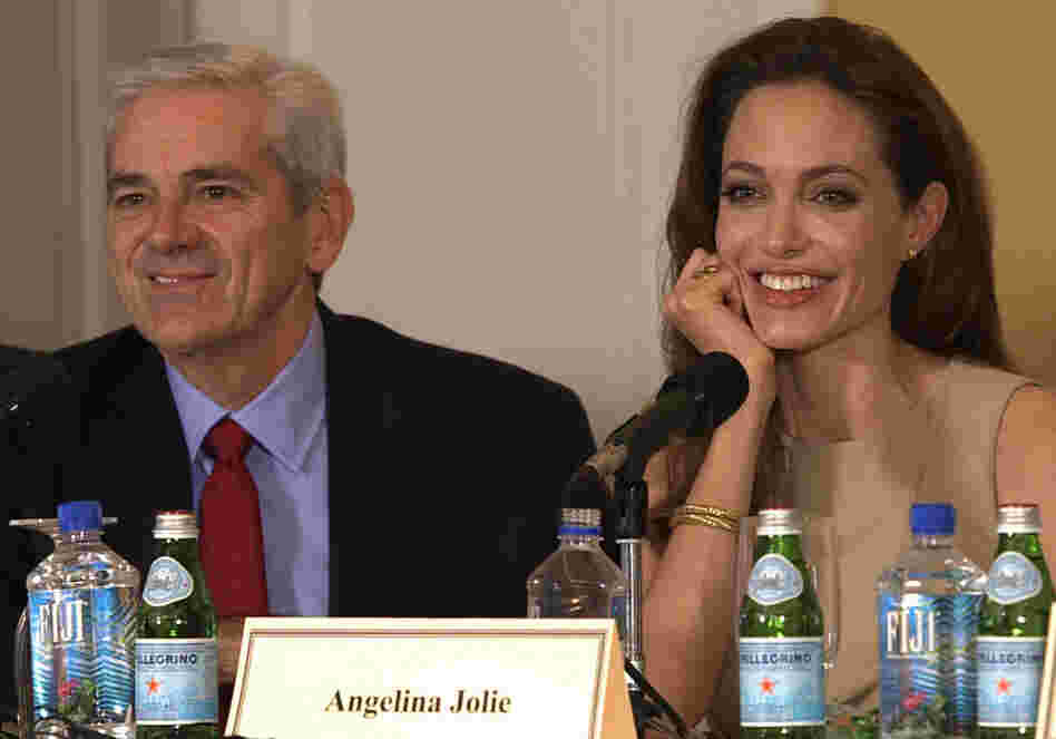 Tom Gjelten and Angelina Jolie at the New York press conference for In The Land of Blood and Honey.