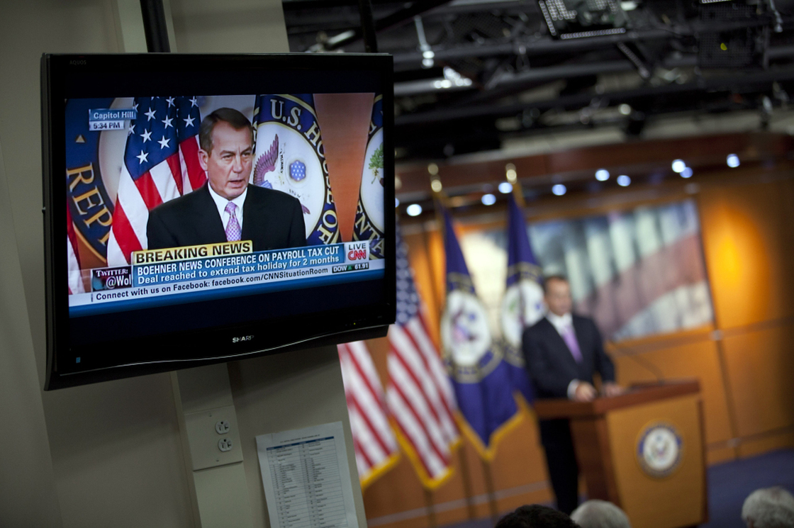 House Speaker John Boehner announces a payroll tax cut extension agreement, December 22, 2011.