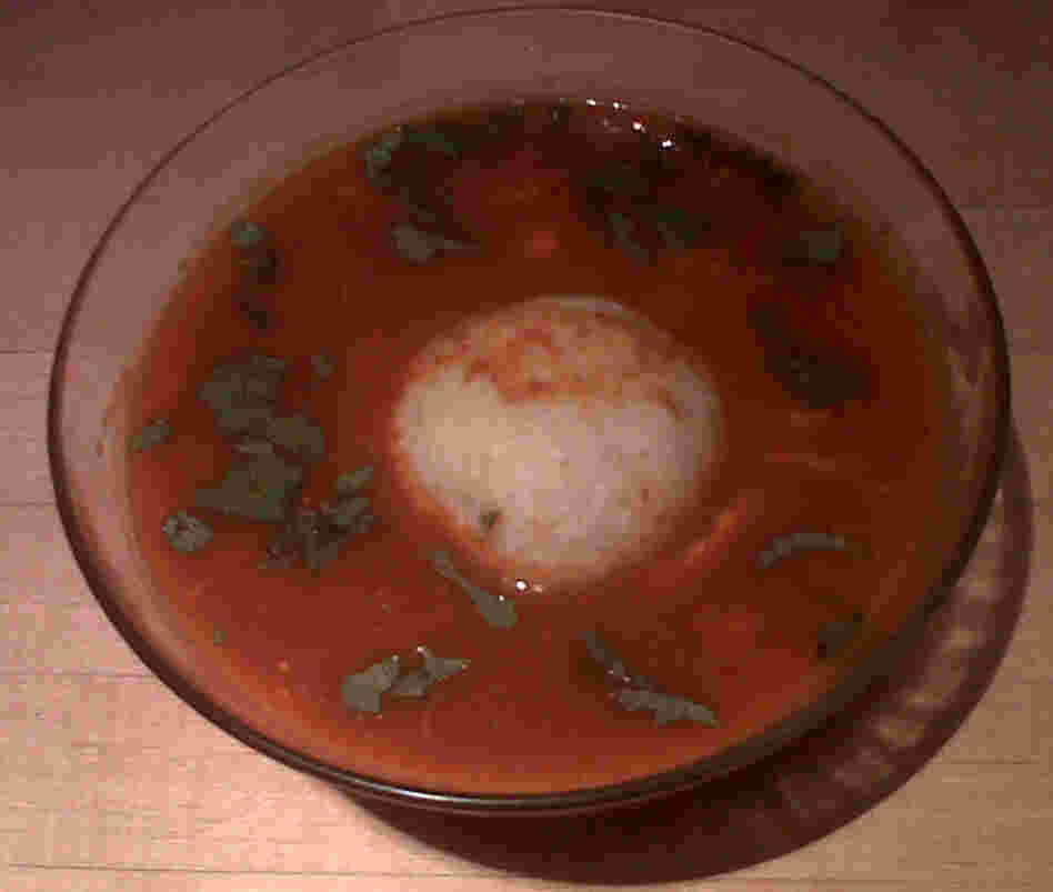 The pozole with matzo balls soup contains hints of chili, tomato and hominy. 
