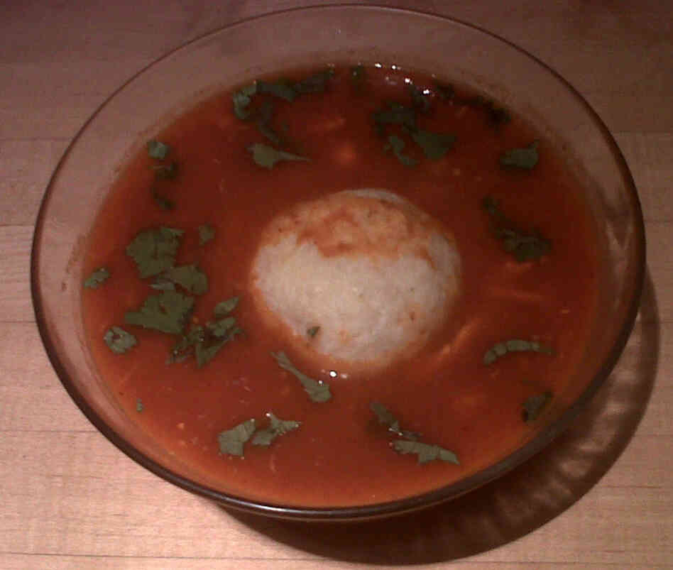 The pozole with matzo balls soup contains hints of chili, tomato and hominy. 