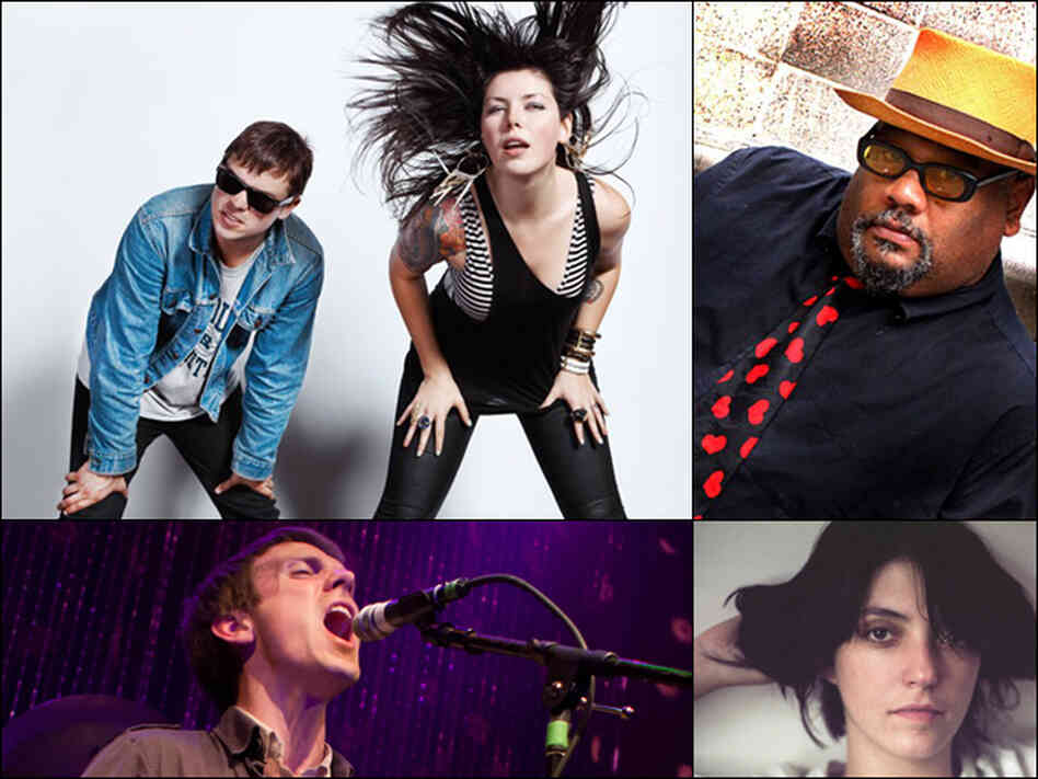 Clockwise from top left: Sleigh Bells, Stew, Sharon Van Etten, Jonathan Meiburg of Shearwater. Clockwise from top left: Sleigh Bells, Stew, Sharon Van Etten, Jonathan Meiburg of Shearwater.