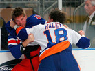 Michael Haley of the New York Islanders fights Stu Bickel of the New York Rangers in the first period of an NHL game at Madison Square Garden in New York City, Dec. 26. Michael Haley of the New York Islanders fights Stu Bickel of the New York Rangers in the first period of an NHL game at Madison Square Garden in New York City, Dec. 26.