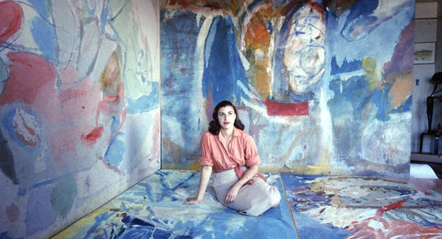 Abstract expressionist artist Helen Frankenthaler, pictured above in 1956, adopted Jackson Pollock's technique of painting canvases laid flat on the floor. She sought to 