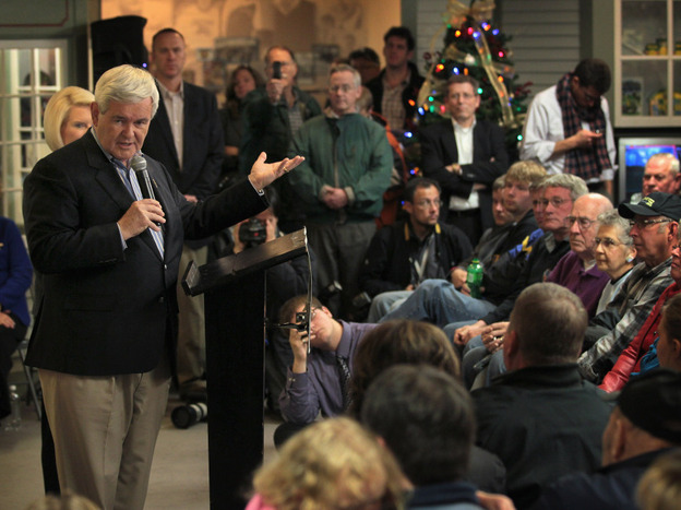 Former Speaker of the House Newt Gingrich complained about negative ads against him during a campaign stop at the National Toy Farm Museum on Dec. 27 in Dyersville, Iowa. 