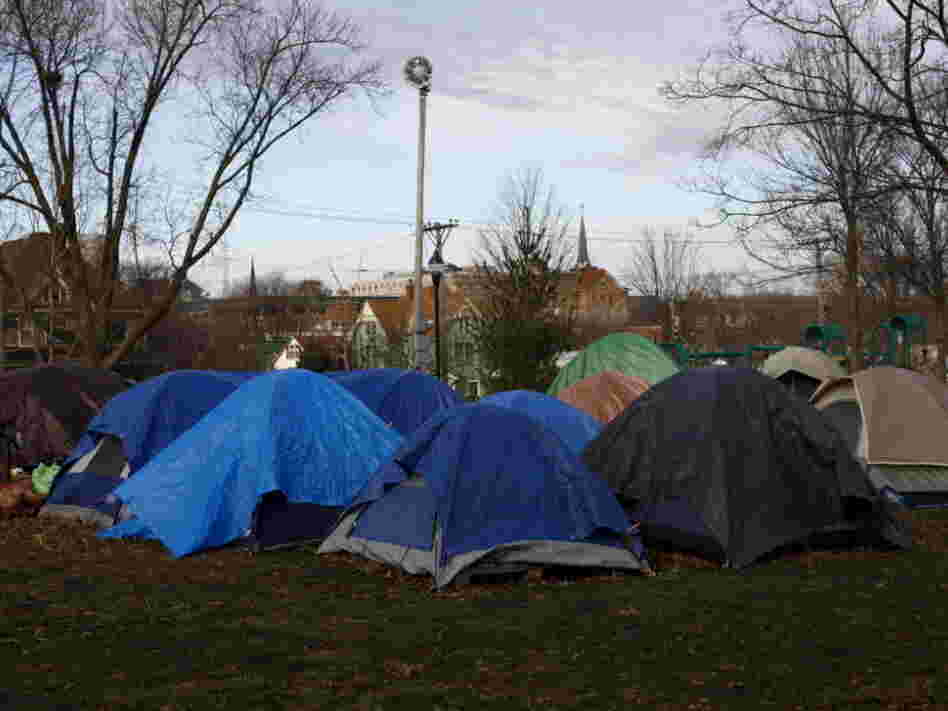 An Occupy camp at College Green Park in Iowa City, Iowa. The camp was mostly empty aside from three men. 