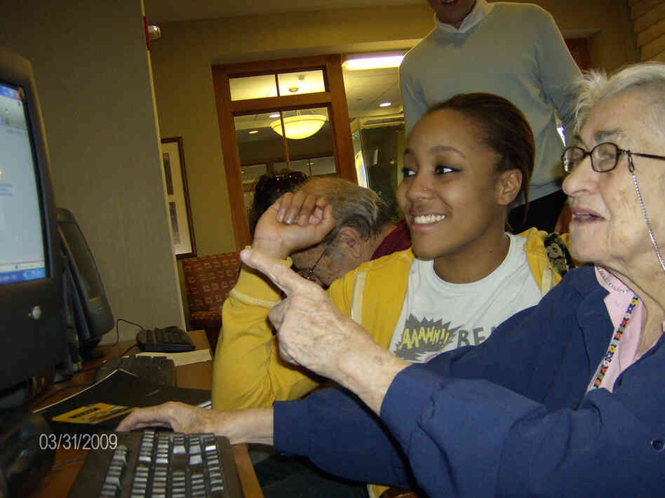 At Pace University in New York, college students who tutor seniors in local retirement homes are prepped with sensitivity training. Brittany Beckett (left), a Pace student, and Muriel Cohen work together at United Hebrew of New Rochelle. 