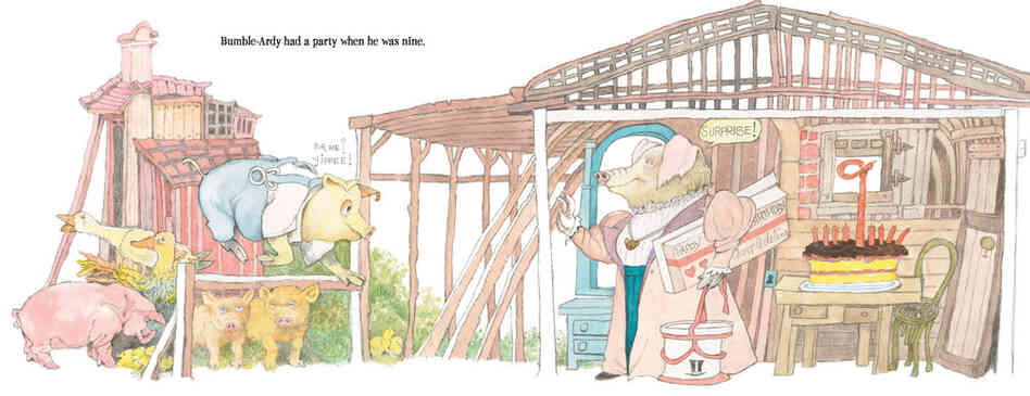 In the book, Sendak changed the story. Bumble-Ardy is now an orphaned pig who has his first birthday party when he turns 9.